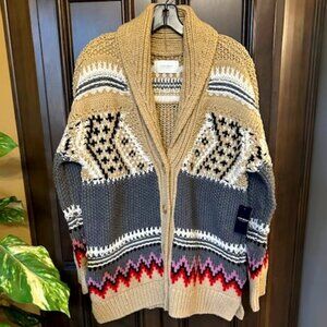 Lucky Brand Natural Multi Tribal Print Long Drop-shoulder Sleeves Cardigan